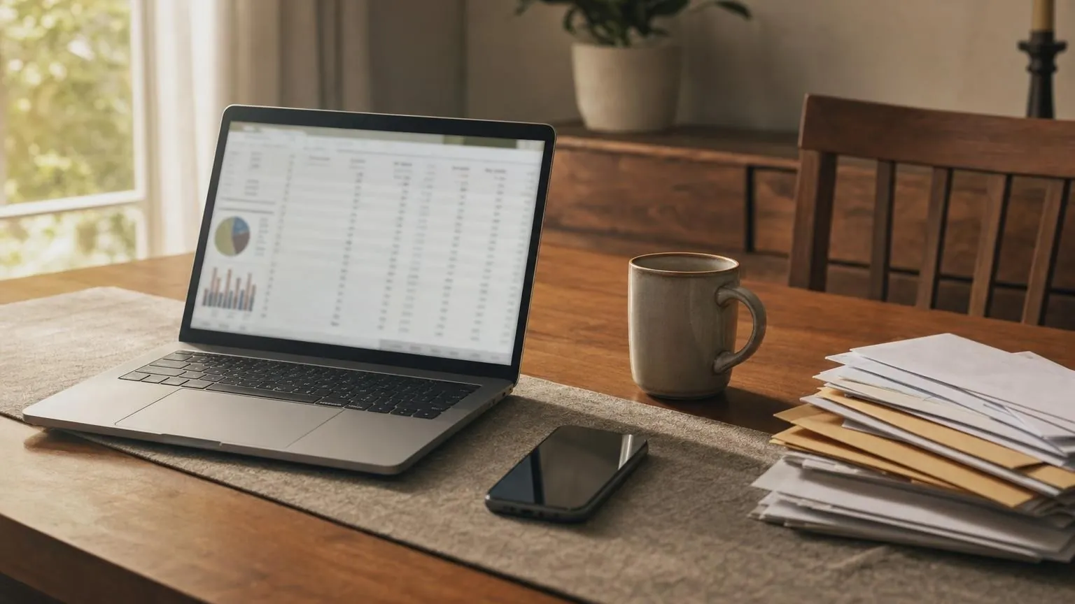 Esstisch mit einem aufgeklappten Notebook, auf dem eine Tabelle mit Monatsausgaben zu sehen ist, daneben ein Smartphone, ein Kaffeebecher und ein Stapel Briefumschläge, ruhiges Morgenlicht