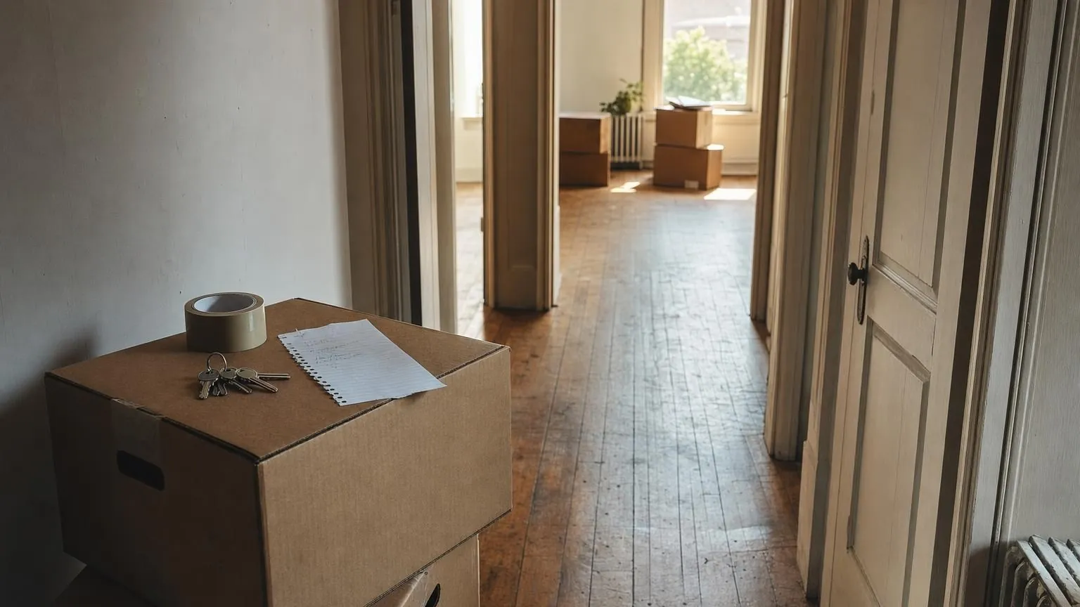 Flur einer leeren Altbauwohnung mit gestapelten Umzugskartons, einer Rolle Klebeband, einem Schlüsselbund auf dem obersten Karton und einer handgeschriebenen Liste, Tageslicht durch das Fenster